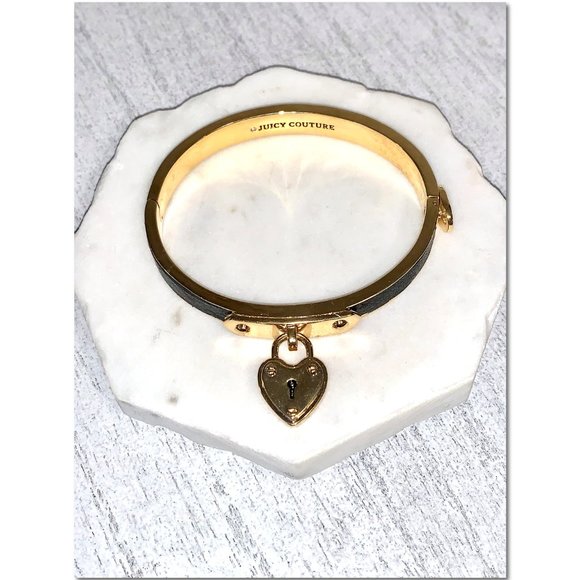 Juicy Couture Jewelry - Vintage Juicy Couture Gold Black Leather Faux Locket Charm Bangle Bracelet EUC